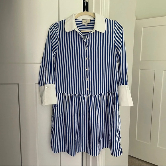 Tuckernuck Hayes Blue White Shirtdress Striped Long Sleeve Collar Dress - Picture 2 of 6